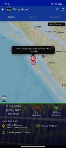 BREAKINGNEWS:Gempa 6,9 SR Nias Selatan Dirasakan Cukup Kuat di Pasbar