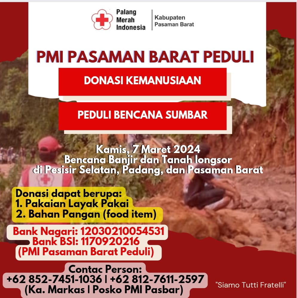 PMI Pasaman Barat Peduli Open Donasi untuk korban Banjir di Pesisir Selatan
